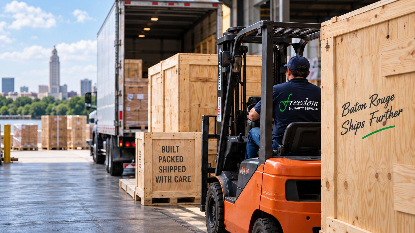 A Freedom 3rd Party Services forklift loading wooden crates onto a truck at a loading dock, with the Baton Rouge skyline behind and a crate lettered “Baton Rouge Ships Further”